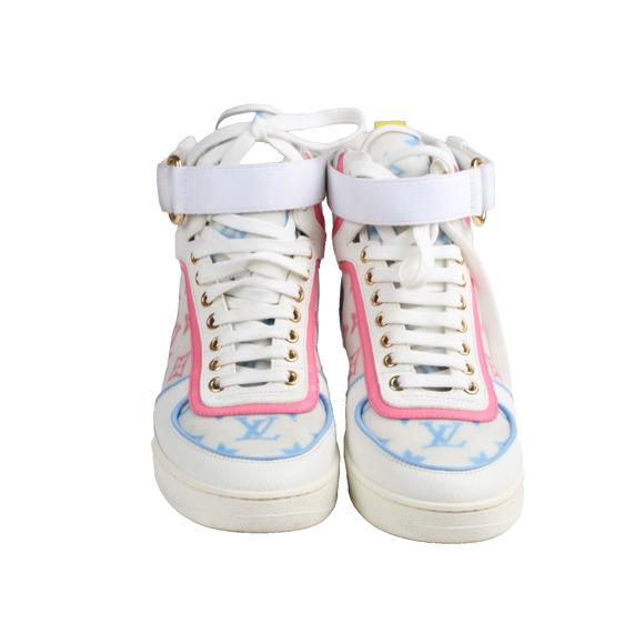 Louis Vuitton Lace Up Boombox High Top Sneakers Blue Pink White Leather LV Sz 37 - Picture 14 of 15